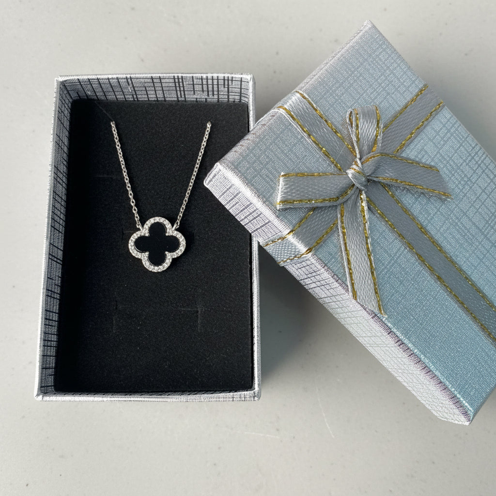 Four Leaf Clover Necklace Black Onyx set on 925 Silver / Rhodium Plating