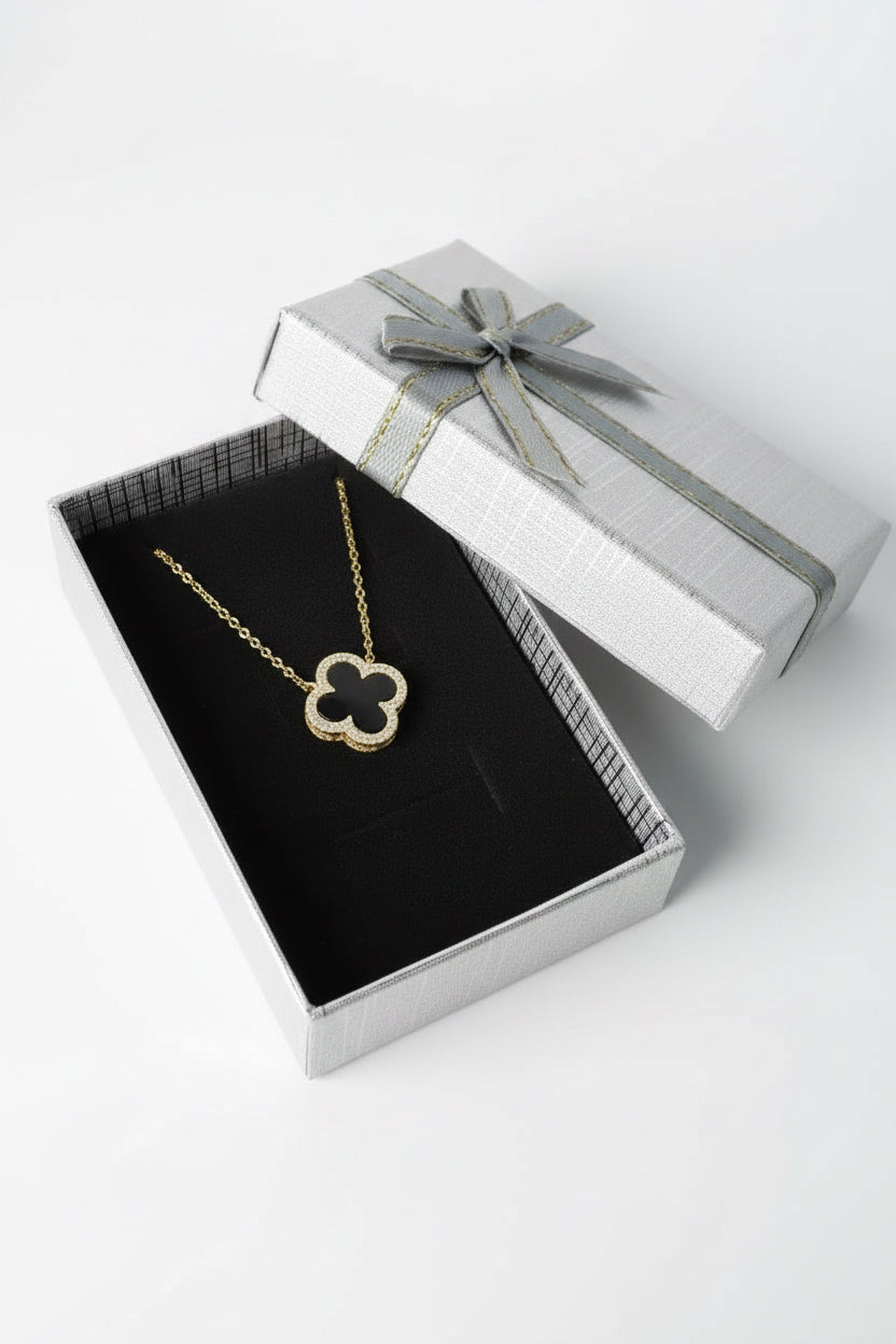 Four Leaf Clover Necklace w/ Black Onyx 18K GP