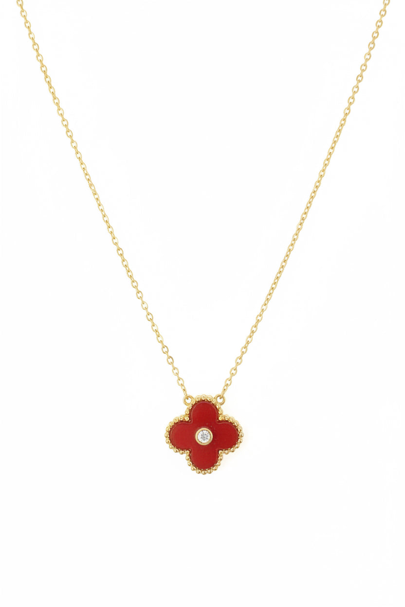 Red Carnelian Clover Necklace 18K GP