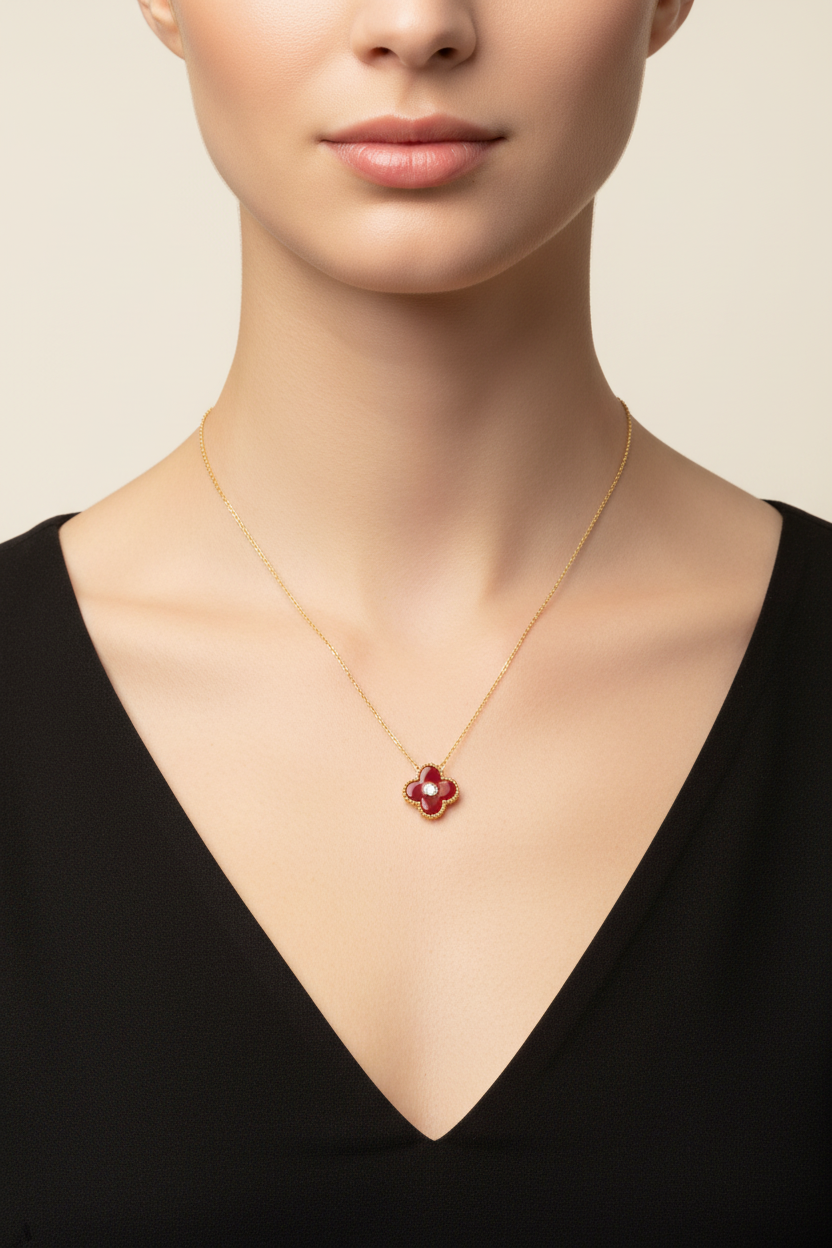 Red Carnelian Vermeil Clover Necklace