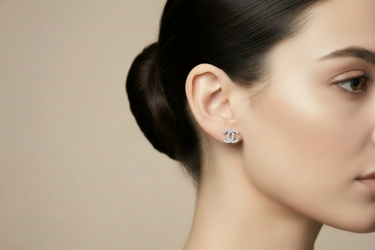 Designer Inspired CC logo Sterling Silver CZ Studs Earrings