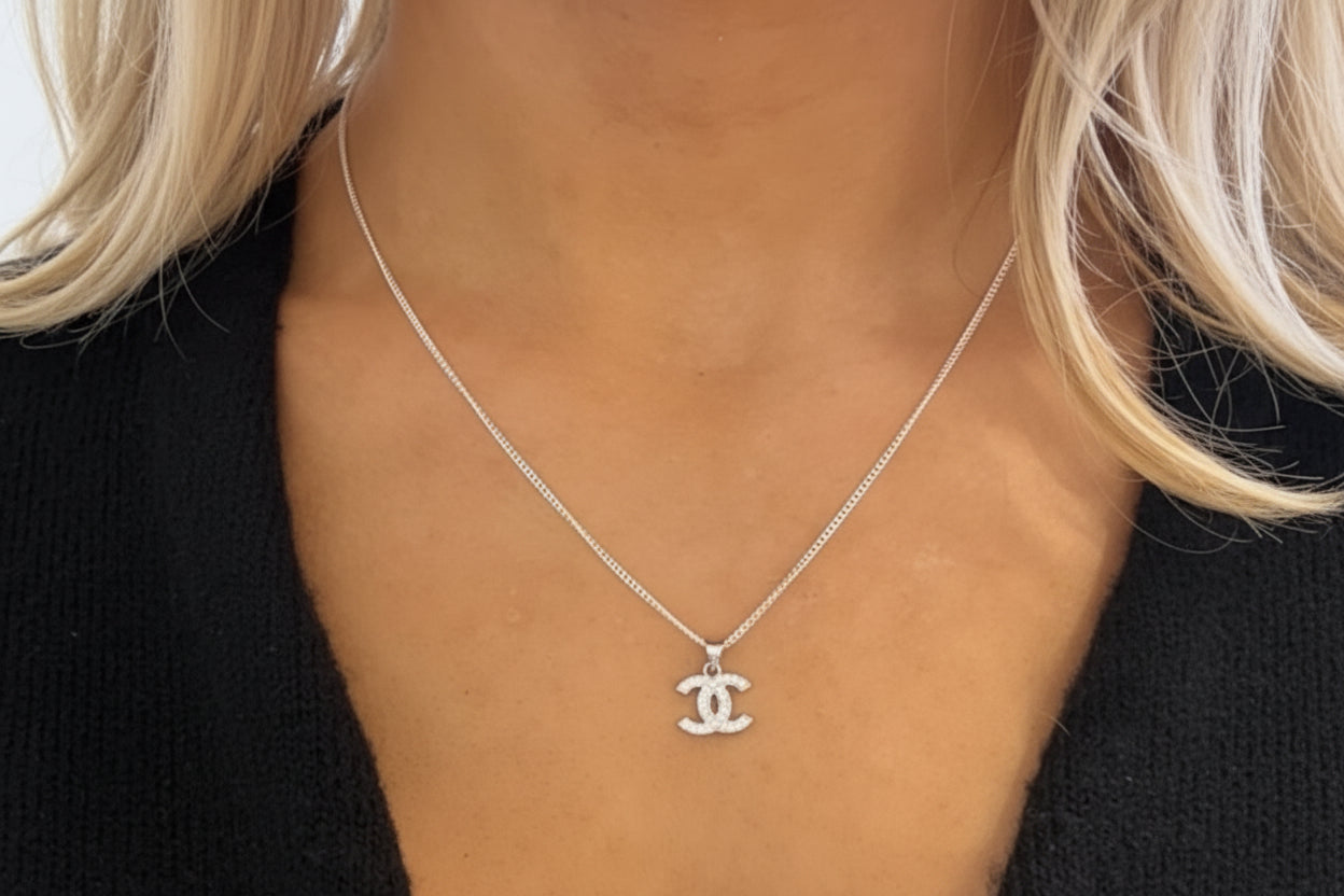 Designer Inspired CC logo Sterling Silver CZ necklace Rhodium Plated