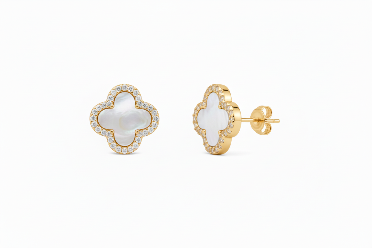 Four Leaf Clover Mother of Pearl Gold Plated Studs / Earrings