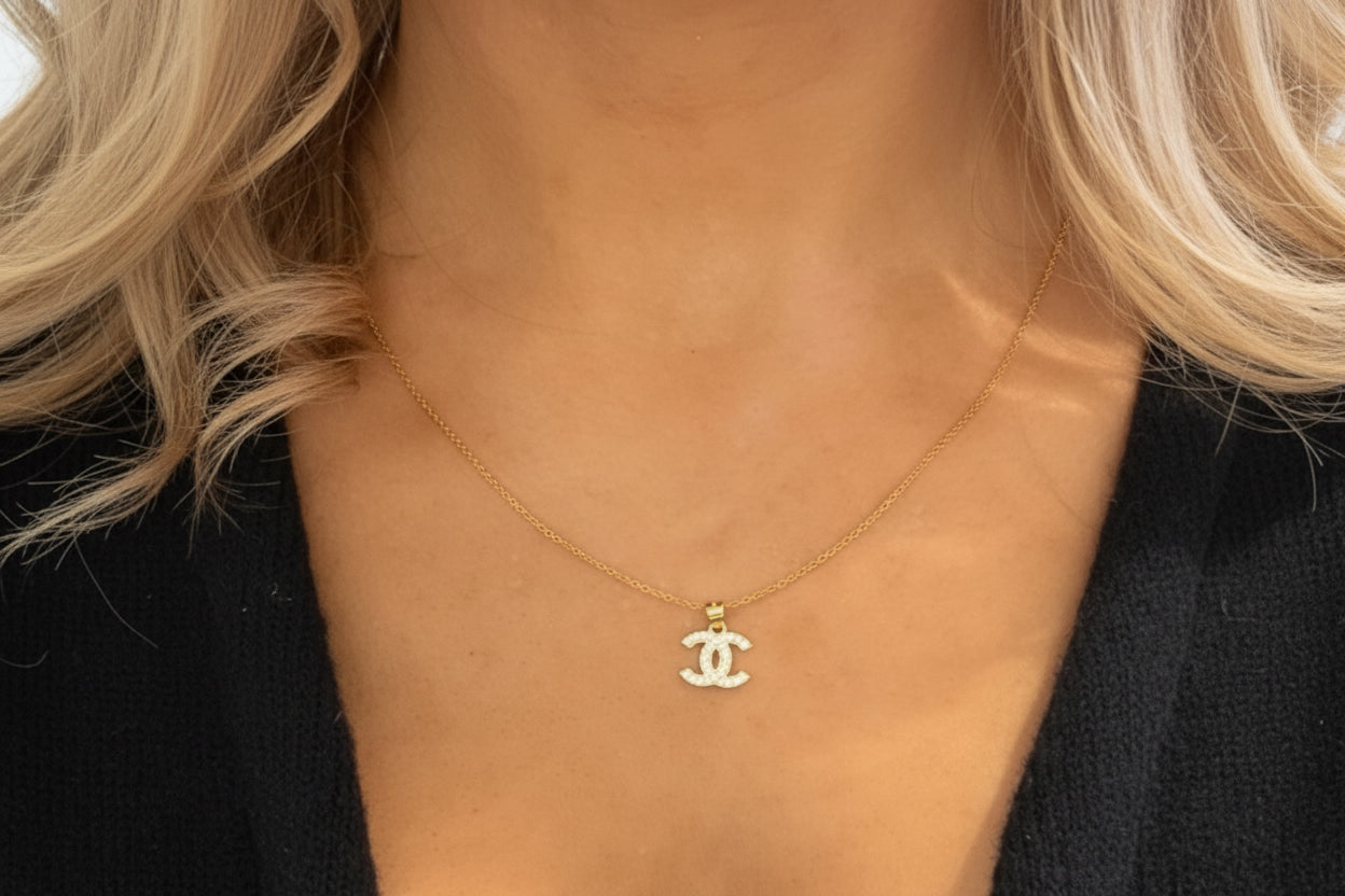 Designer Inspired CC logo Sterling Silver Gold Plated Necklace