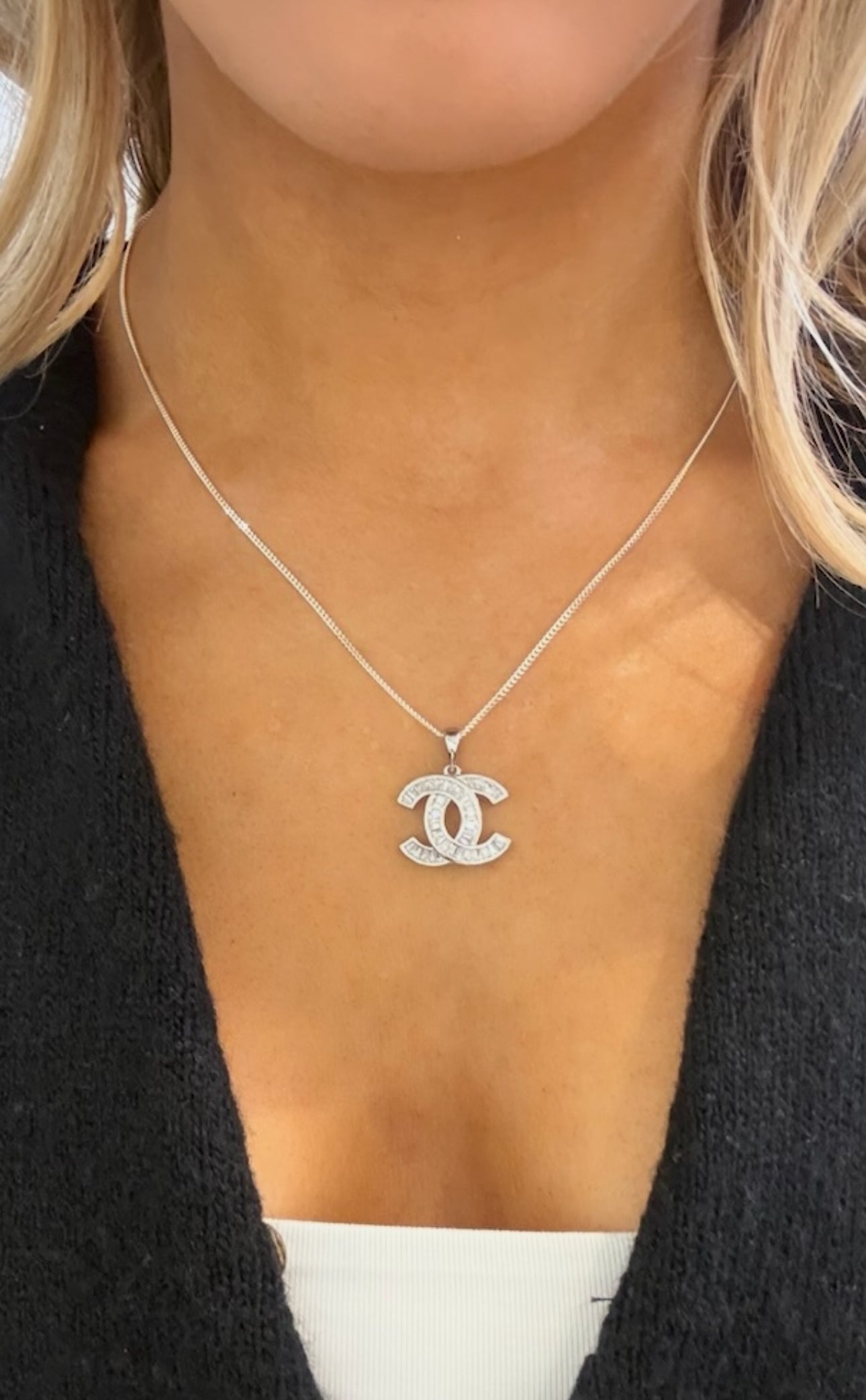 Designer Inspired CC logo Sterling Silver CZ Necklace with Baguettes