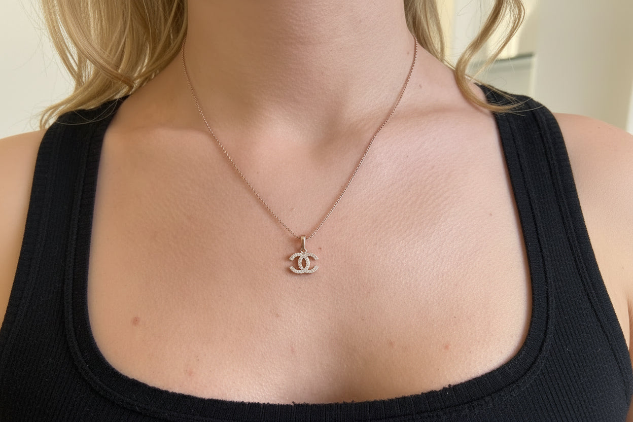 Designer Inspired CC logo Sterling Silver CZ necklace 18k gold plated