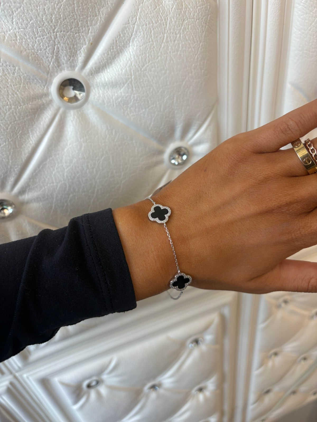 Four Leaf Clover Bracelet w/ 3 Black Onyx Clovers set on Sterling Silver