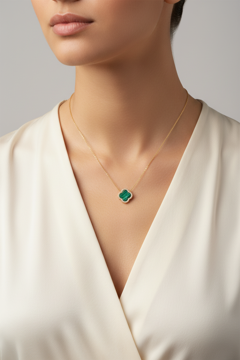 Four Leaf Clover Necklace Malachite set on 925 silver & 18k GP