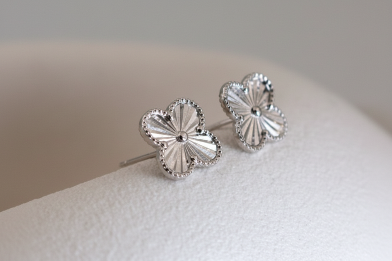 Four Leaf Clover 925 Silver Rhodium Plated Studs