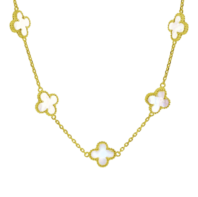 Four Leaf Clover Cluster Necklace Mother of Pearl set on Vermeil