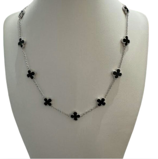 Four Leaf Clover Cluster Necklace Black Agate set on Sterling Silver