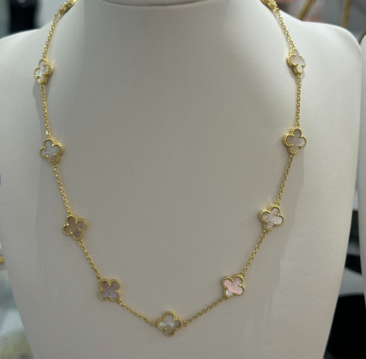 Four Leaf Clover Cluster Necklace Mother of Pearl set on Vermeil