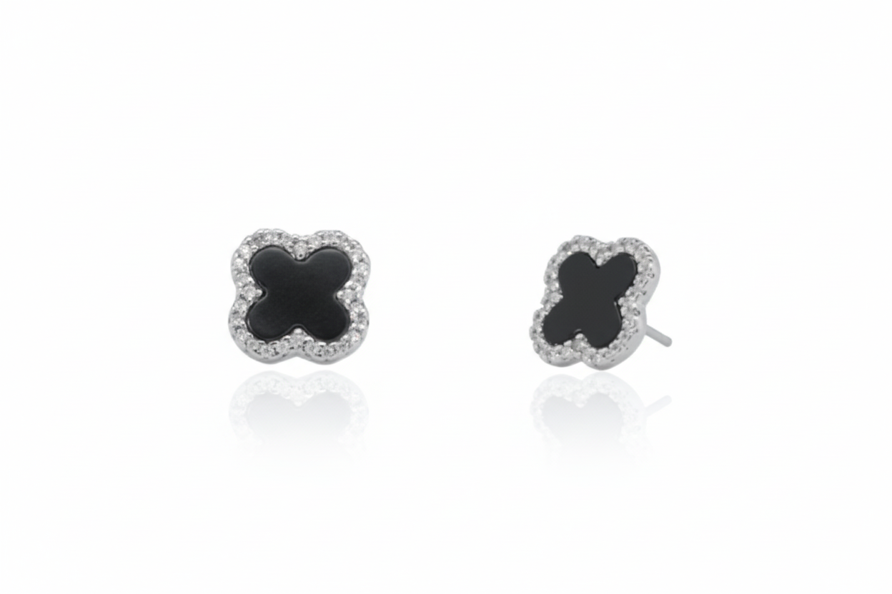 Four Leaf Clover Black Onyx Sterling Silver Studs / Earrings
