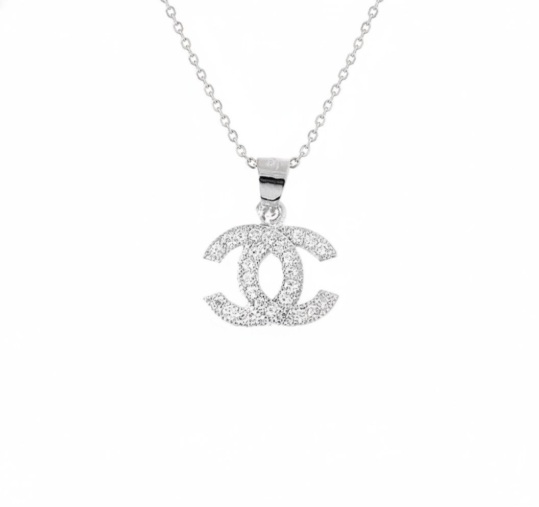 Designer Inspired CC logo Sterling Silver CZ necklace Rhodium Plated