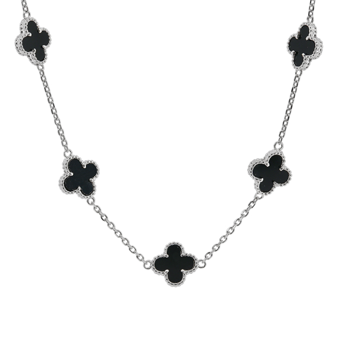 Four Leaf Clover Cluster Necklace Black Agate set on Sterling Silver