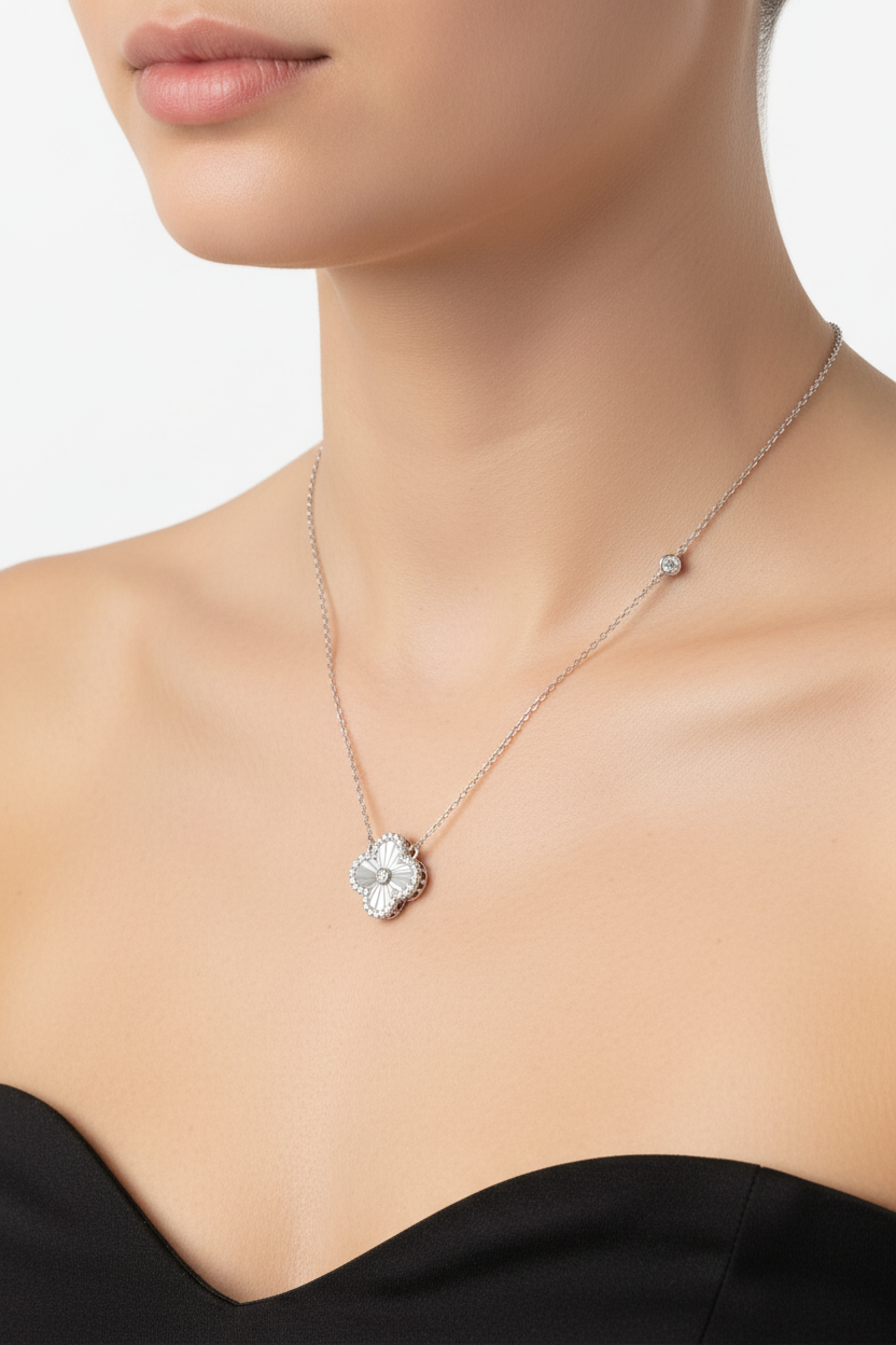 Four Leaf Clover Necklace Rhodium Plated with Floating CZ