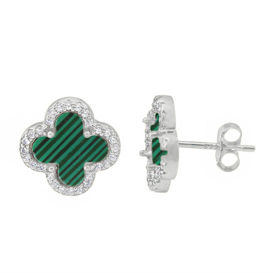 Four Leaf Clover Silver & Green Malachite Studs 925 Silver