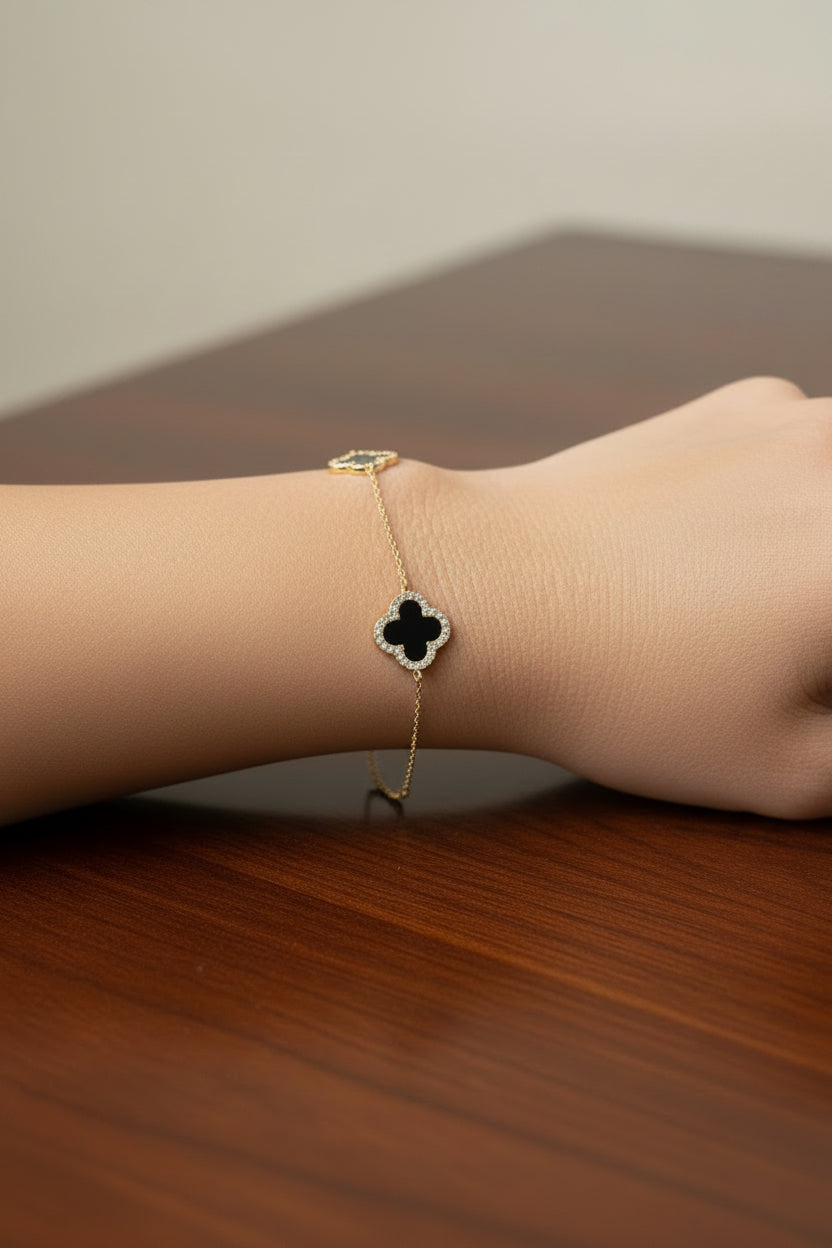 Four Leaf Clover Bracelet - Black Onyx  18K GP
