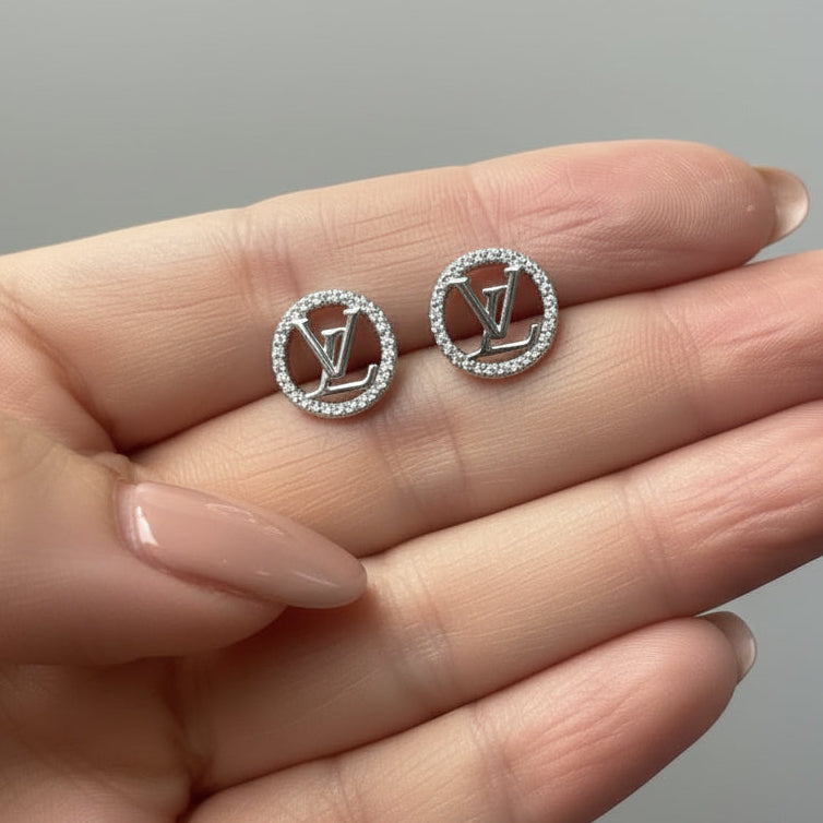 Designer Inspired LV logo Circle Studs  Sterling Silver and Rhodium Plating