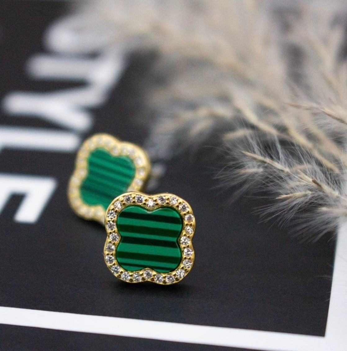 Four Leaf Clover Malachite Earrings  18K GP