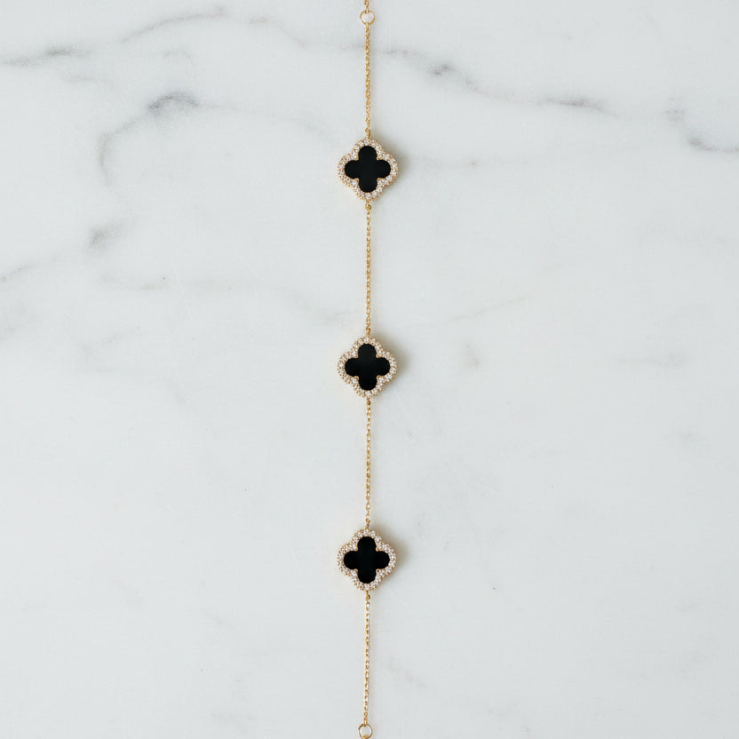 Four Leaf Clover Bracelet - Black Onyx  18K GP