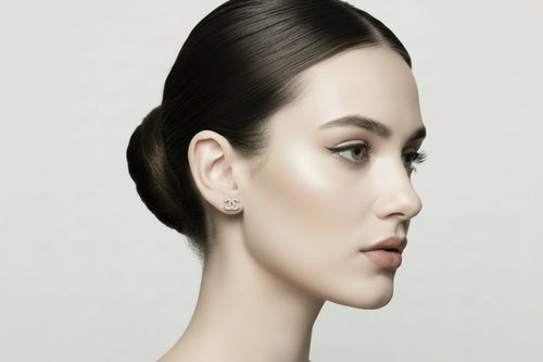 Designer Inspired CC logo 925 Silver Half Studs with Rhodium Plating and CZ stones 8mm