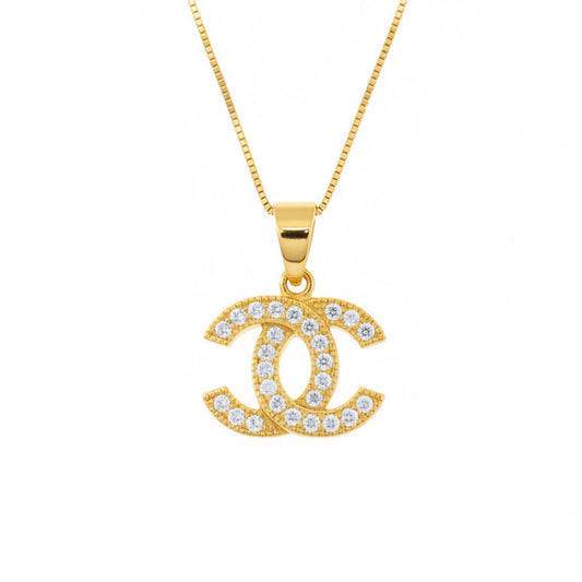 Designer Inspired CC logo Sterling Silver CZ necklace 18k gold plated