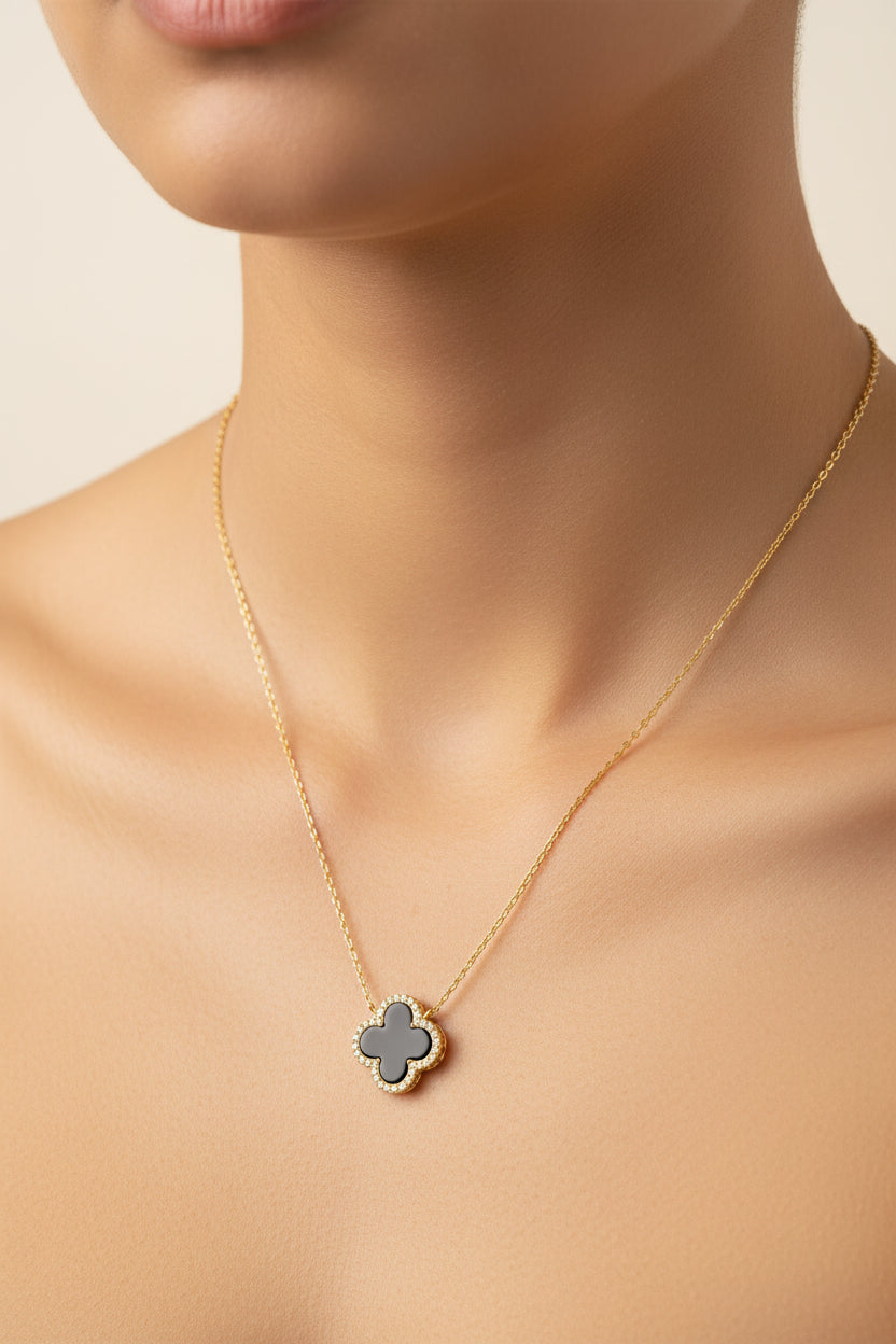 Four Leaf Clover Necklace Black Onyx set on Vermeil