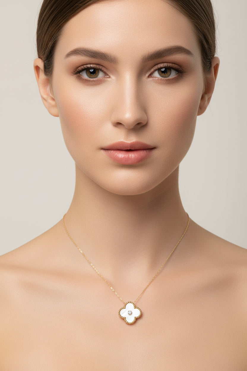 White Mother of Pearl Vermeil Clover Necklace