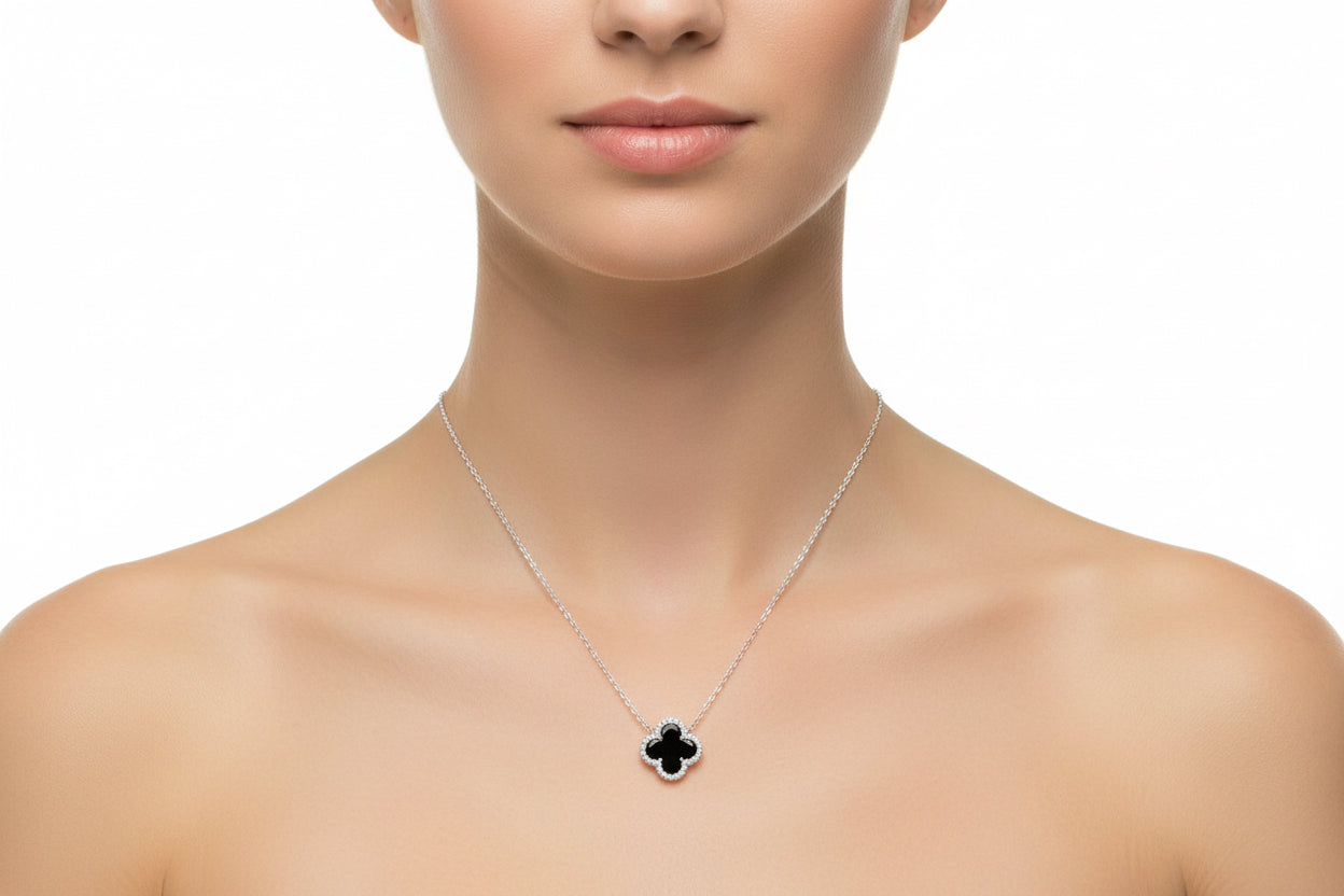 Four Leaf Clover Necklace Black Onyx set on Sterling Silver