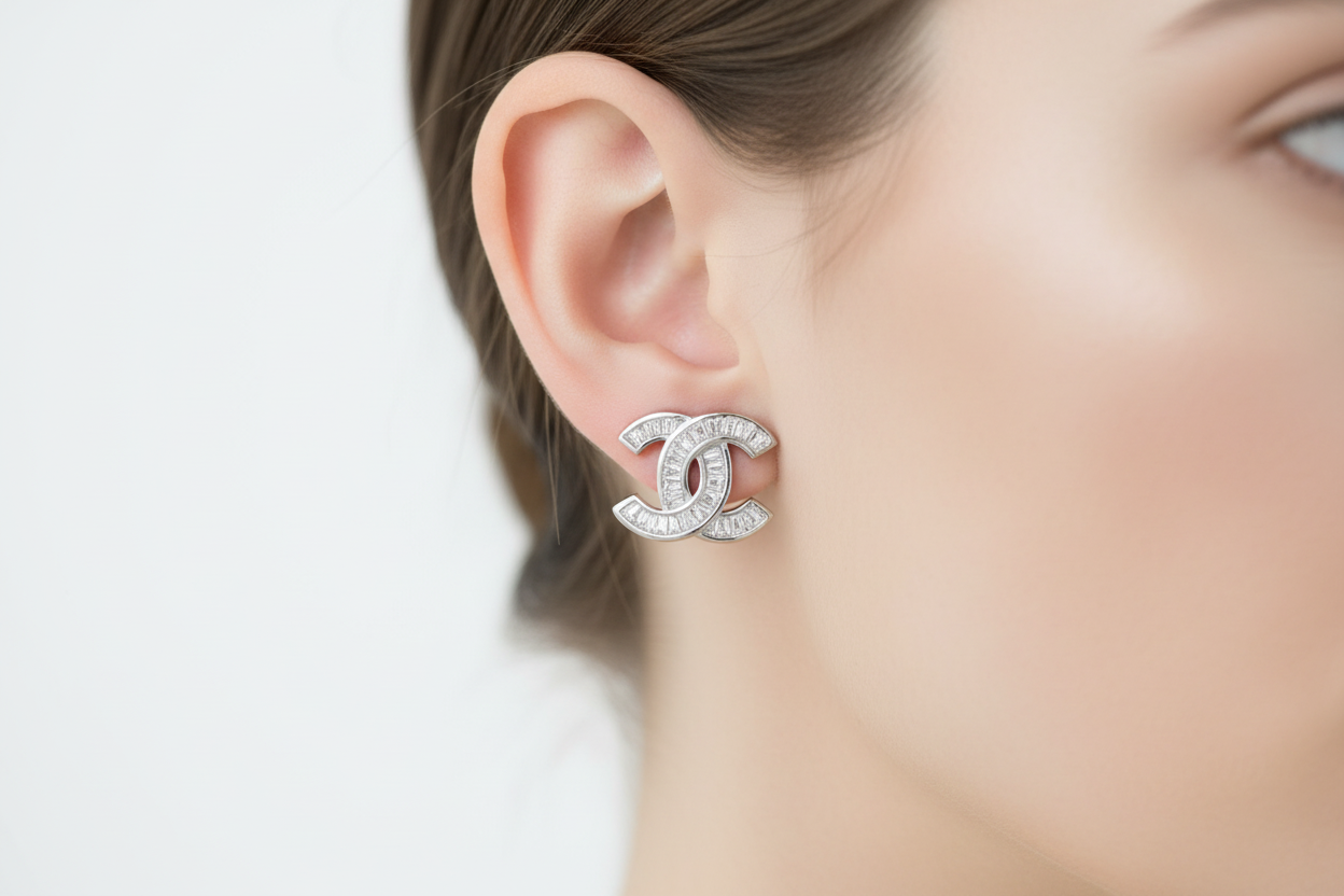 Designer Inspired CC logo Sterling Silver Large Baguette CZ Earrings