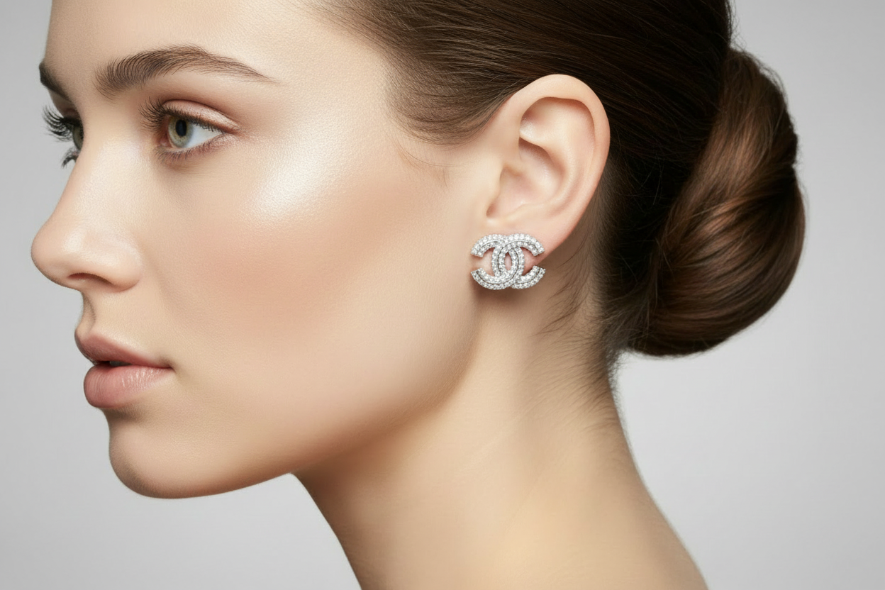 Designer Inspired CC logo 2 row CZ Earrings set in Sterling Silver 15mm