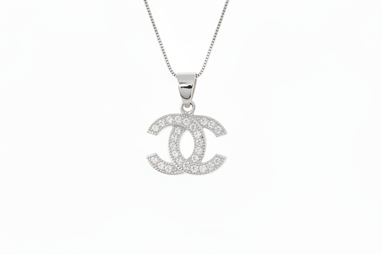 Designer Inspired CC logo Sterling Silver CZ necklace Rhodium Plated