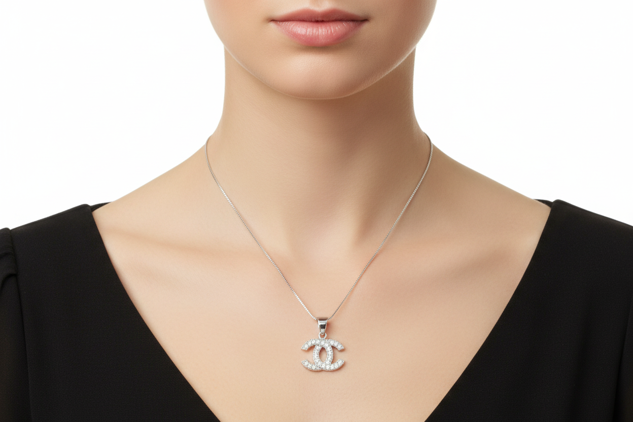 Designer Inspired CC logo Sterling Silver CZ necklace Rhodium Plated