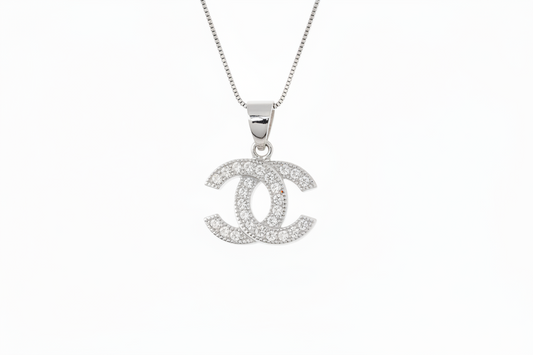 Designer Inspired CC logo Sterling Silver CZ necklace Rhodium Plated