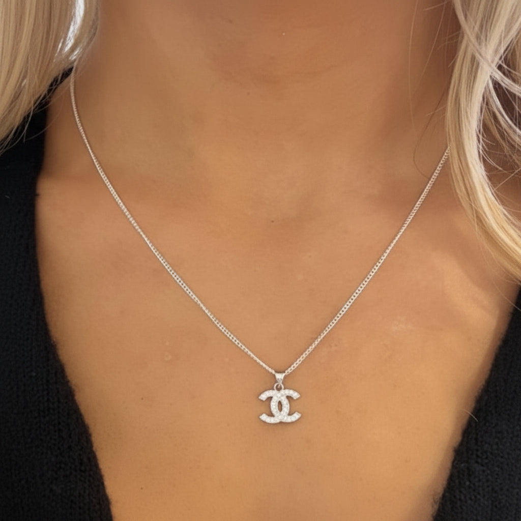 Designer Inspired CC logo CZ necklace 925 Silver / Rhodium Plating