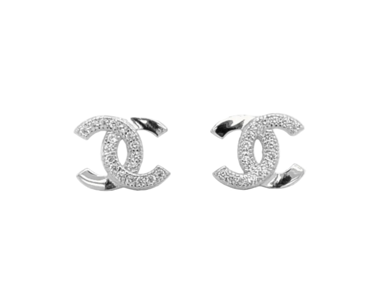 Designer Inspired CC logo Half Studs with Rhodium Plating and CZ stones 8mm