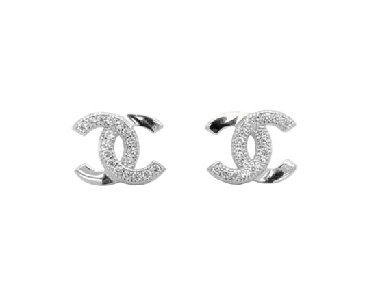 Designer Inspired CC logo Half Studs with Rhodium Plating and CZ stones 8mm