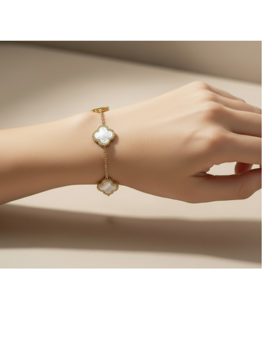 Four Leaf Clover Vermeil (Gold Plated) Bracelet with 3 Mother of Pearl Clovers
