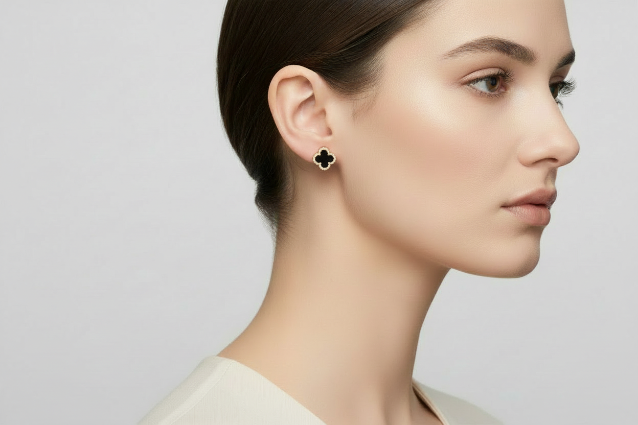 Four Leaf Clover Black Onyx Gold Plated Studs / Earrings