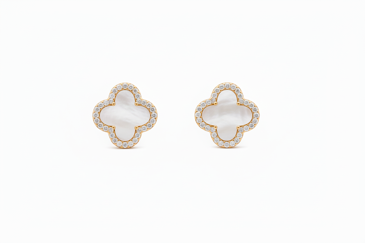 Four Leaf Clover Mother of Pearl Gold Plated Studs / Earrings