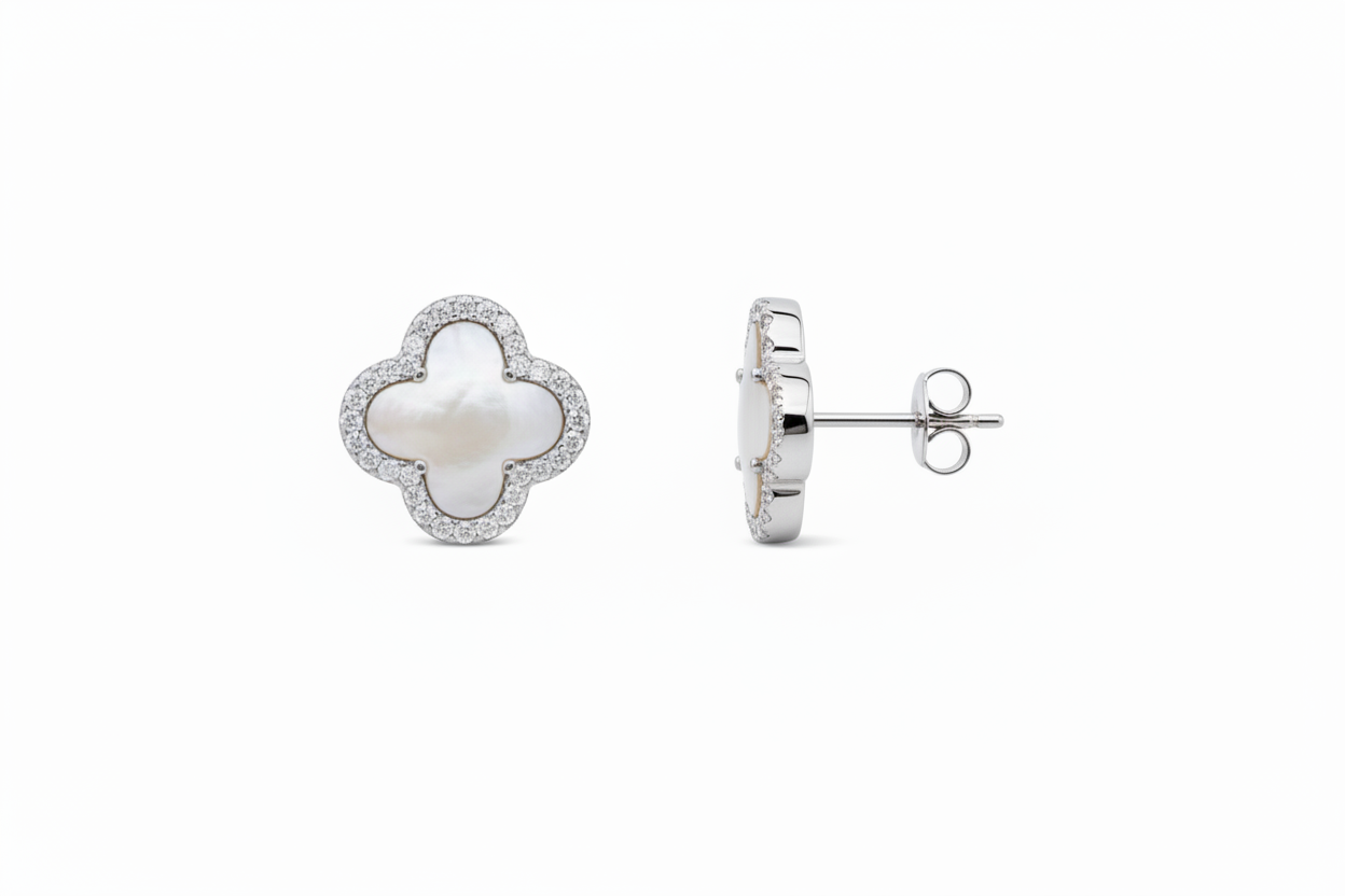 Four Leaf Clover Mother of Pearl Sterling Silver Studs / Earrings
