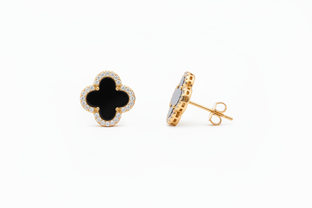 Four Leaf Clover Black Onyx Gold Plated Studs / Earrings