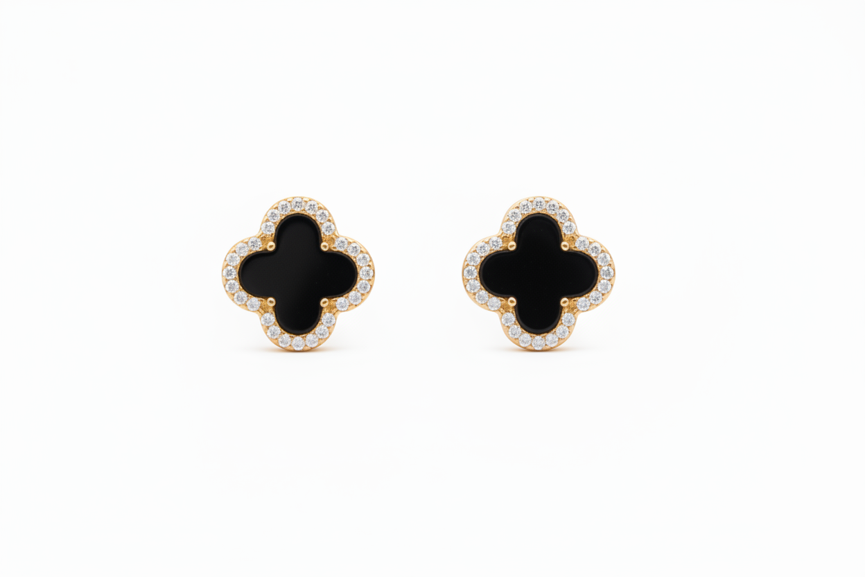 Four Leaf Clover Black Onyx Gold Plated Studs / Earrings