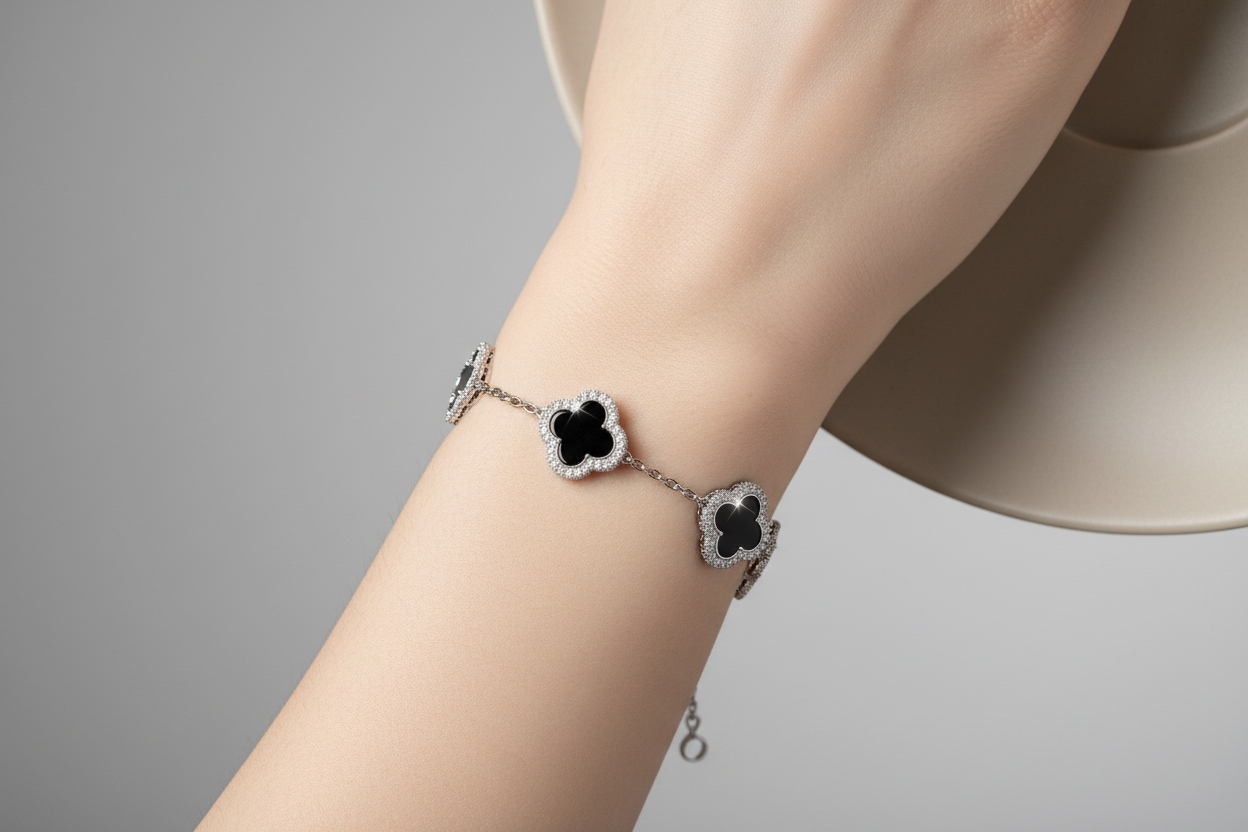 Four Leaf Clover Bracelet w/ 3 Black Onyx Clovers set on Sterling Silver