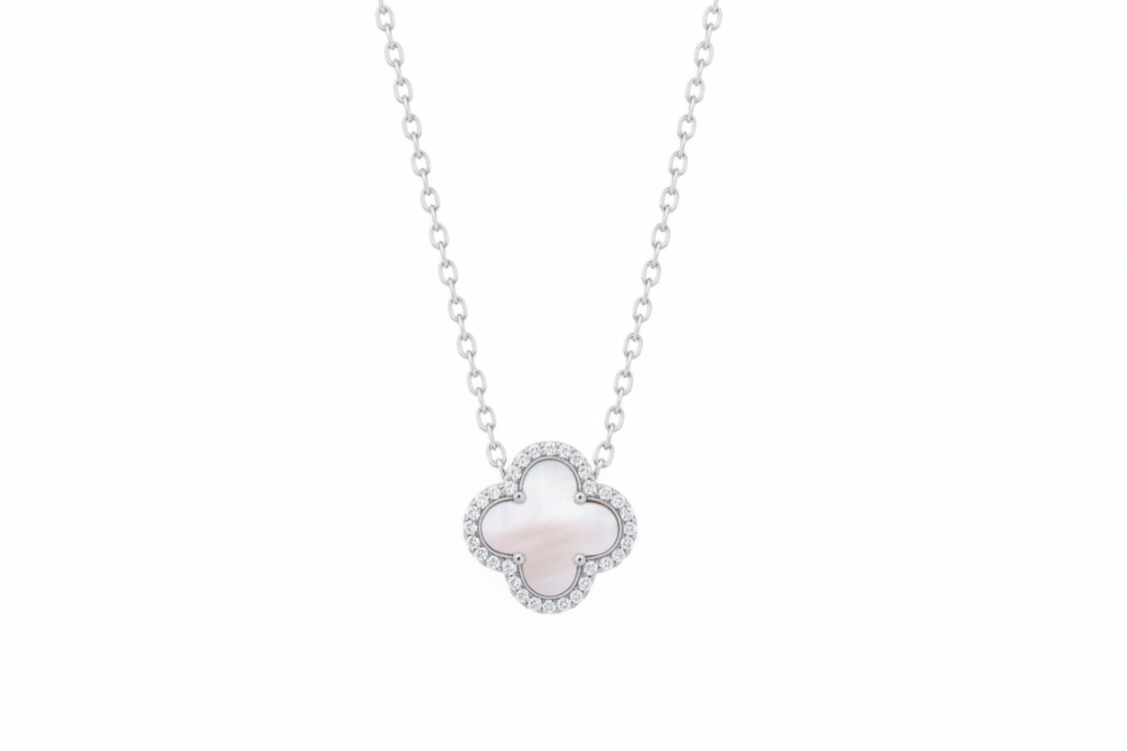 Four Leaf Clover Necklace Mother of Pearl Set on Sterling Silver