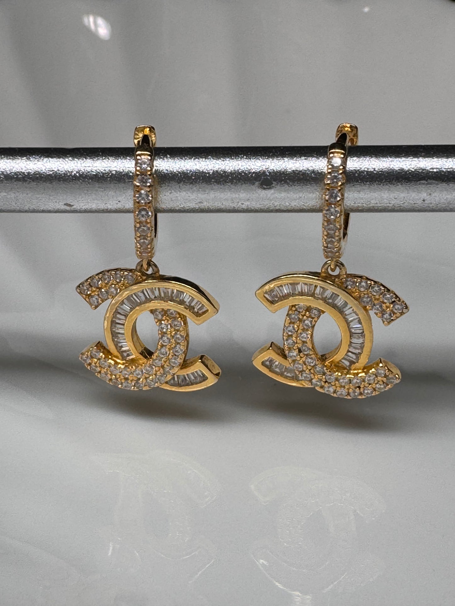 CC Logo Dangly Hoop - CZ Baguettes & Gold Plated