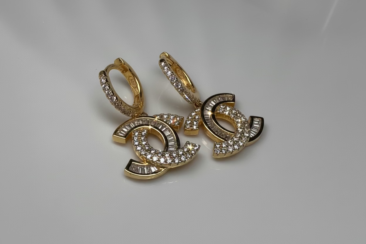 CC Logo Dangly Hoop - CZ Baguettes & Gold Plated