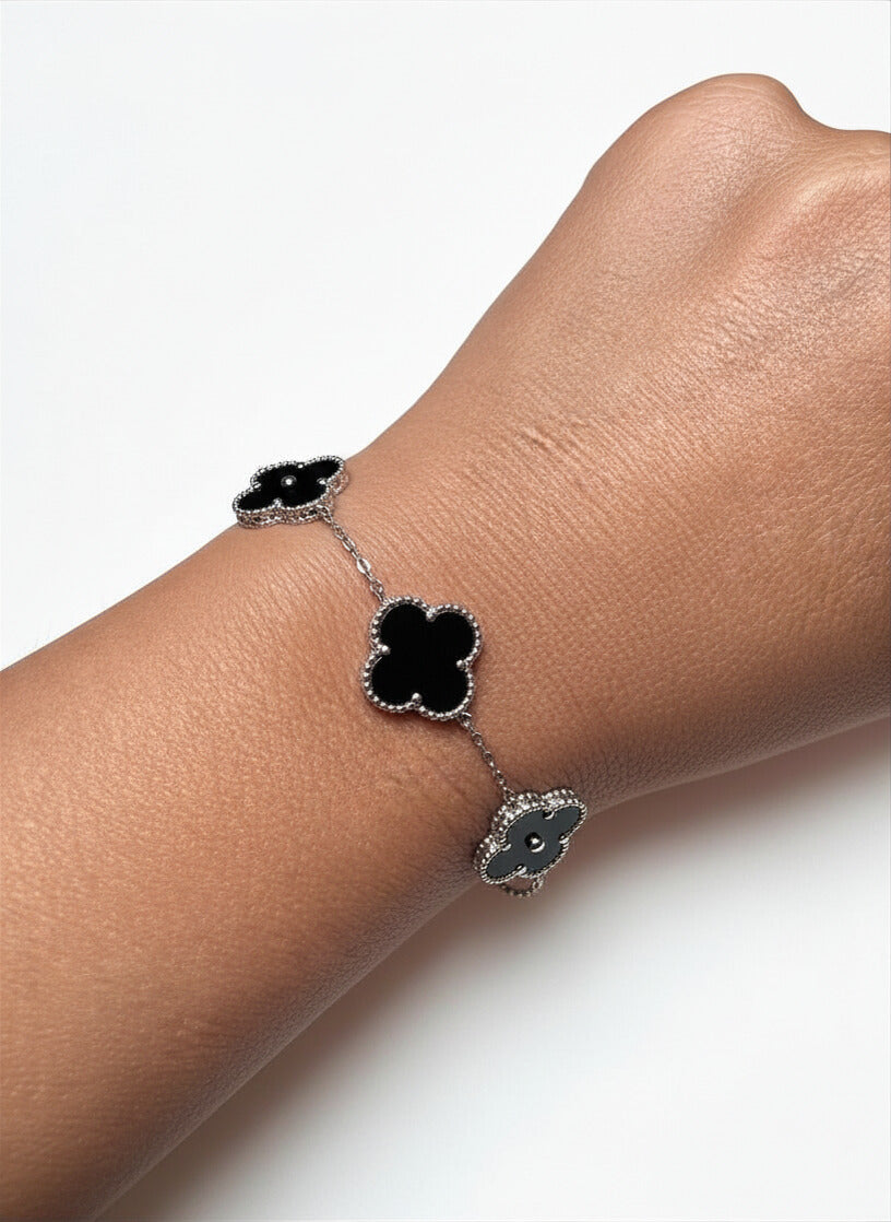 Four Leaf Clover Bracelet - Vintage Silver and Black Onyx