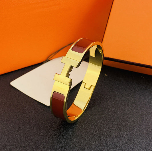 Designer Inspired H Click Bangle Burgundy in Gold Finish